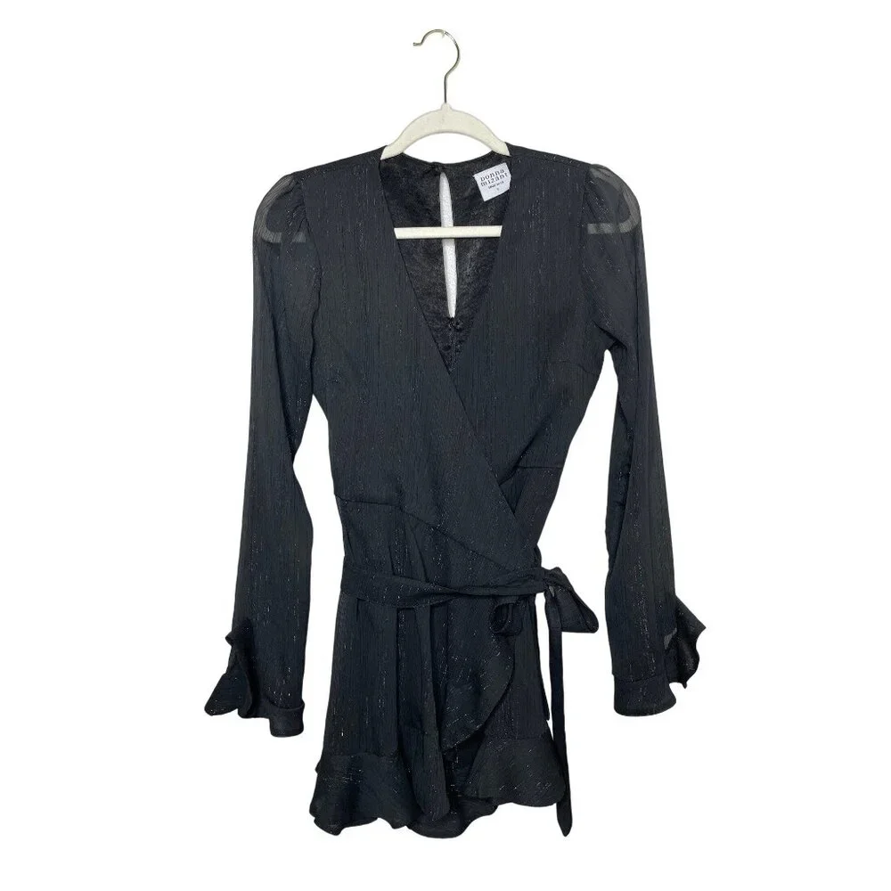 Donna Mizani Eliza Wrap Dress Size Small Mini Black Long Sleeve Ruffle Detail